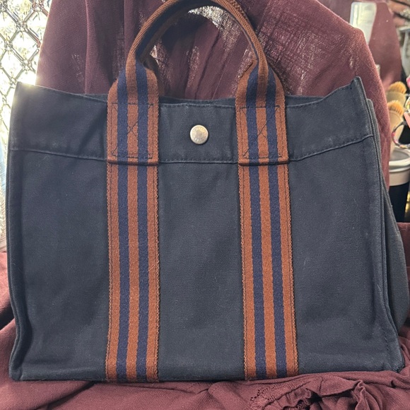 Hermes Stylish Black with Blue and Dark Orange stripes Tote